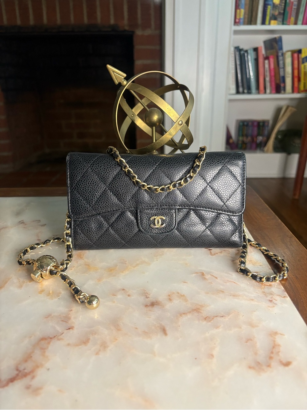 Chanel Caviar Leather Black Classic Trifold Flap Wallet on Chain | WOC